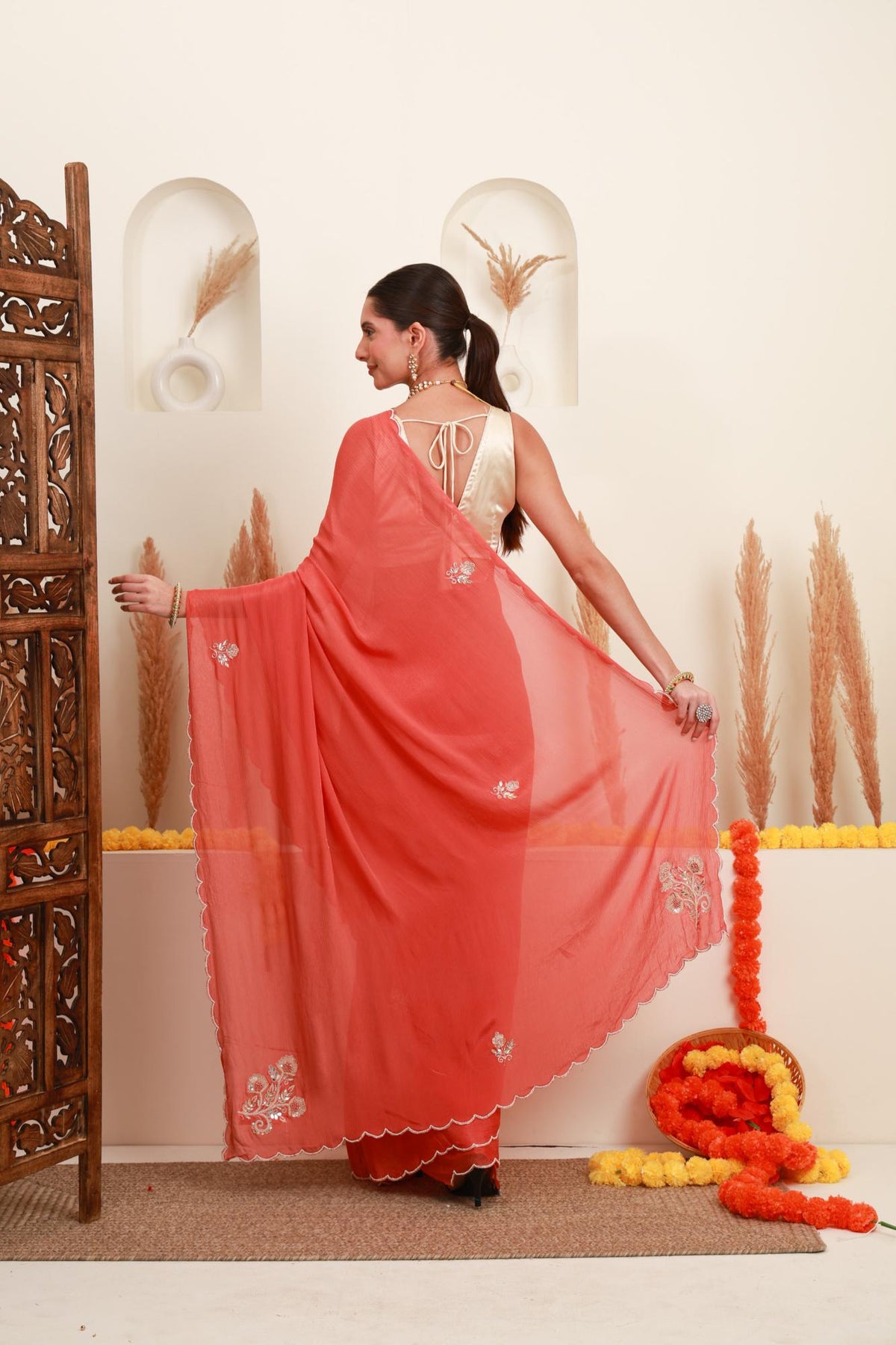 Coral Scalloped Saree