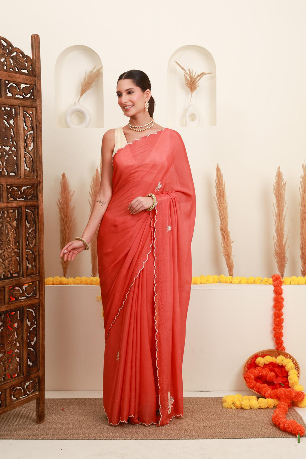 Coral Scalloped Saree Front Side