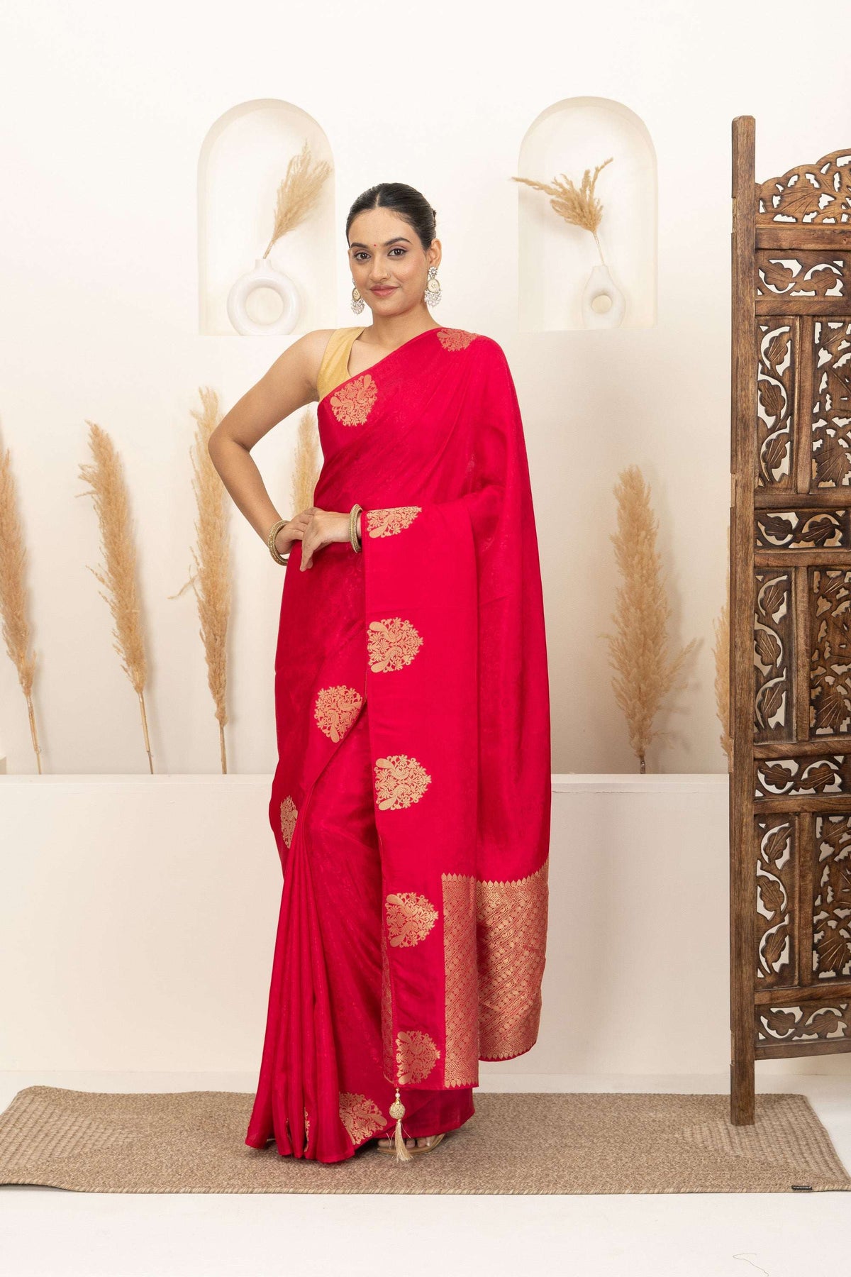 Crimson Red Saree with Gold Zari Motifs Right