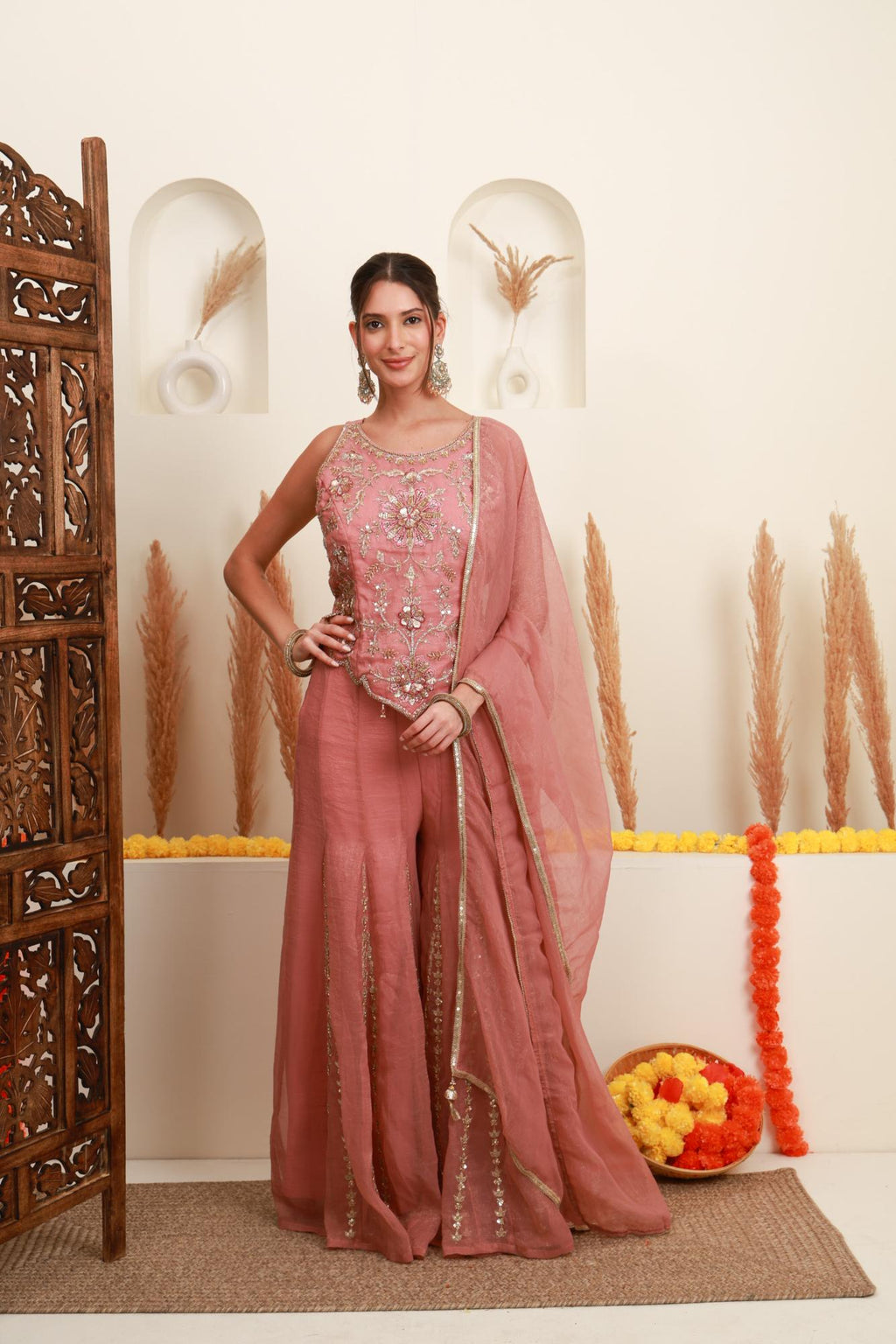 Dusty pink embroidered sharara set for women with dupatta