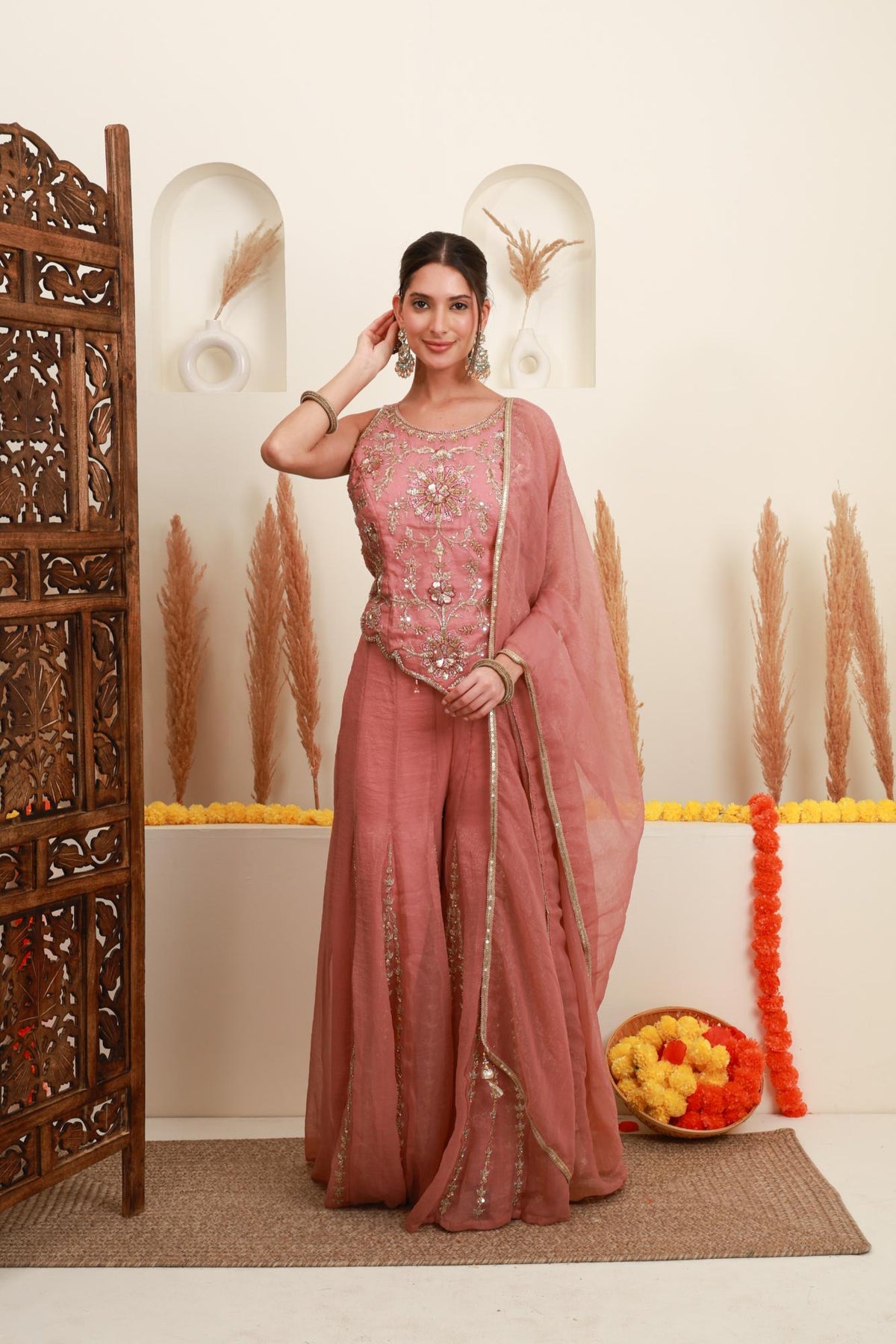Dusty Pink Embroidered Sharara Set with Dupatta