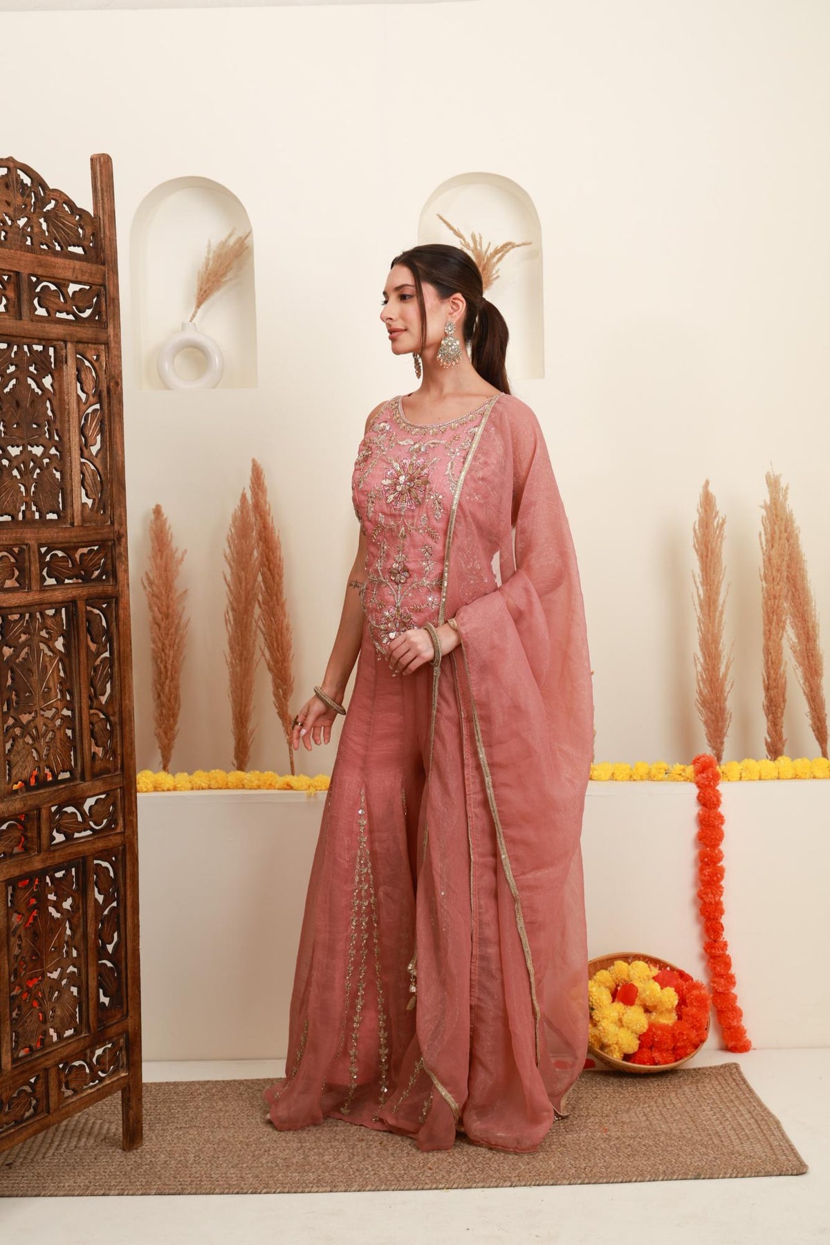 Dusty Pink Embroidered Sharara Set with Dupatta