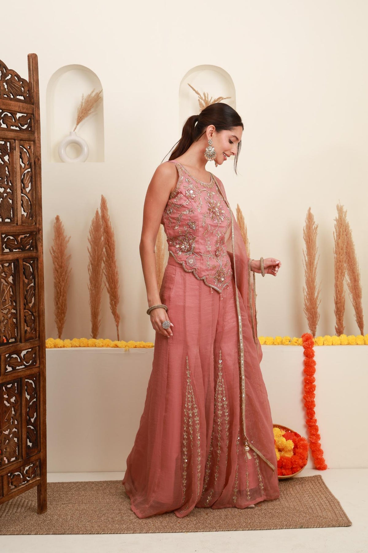Dusty Pink Embroidered Sharara Set with Dupatta