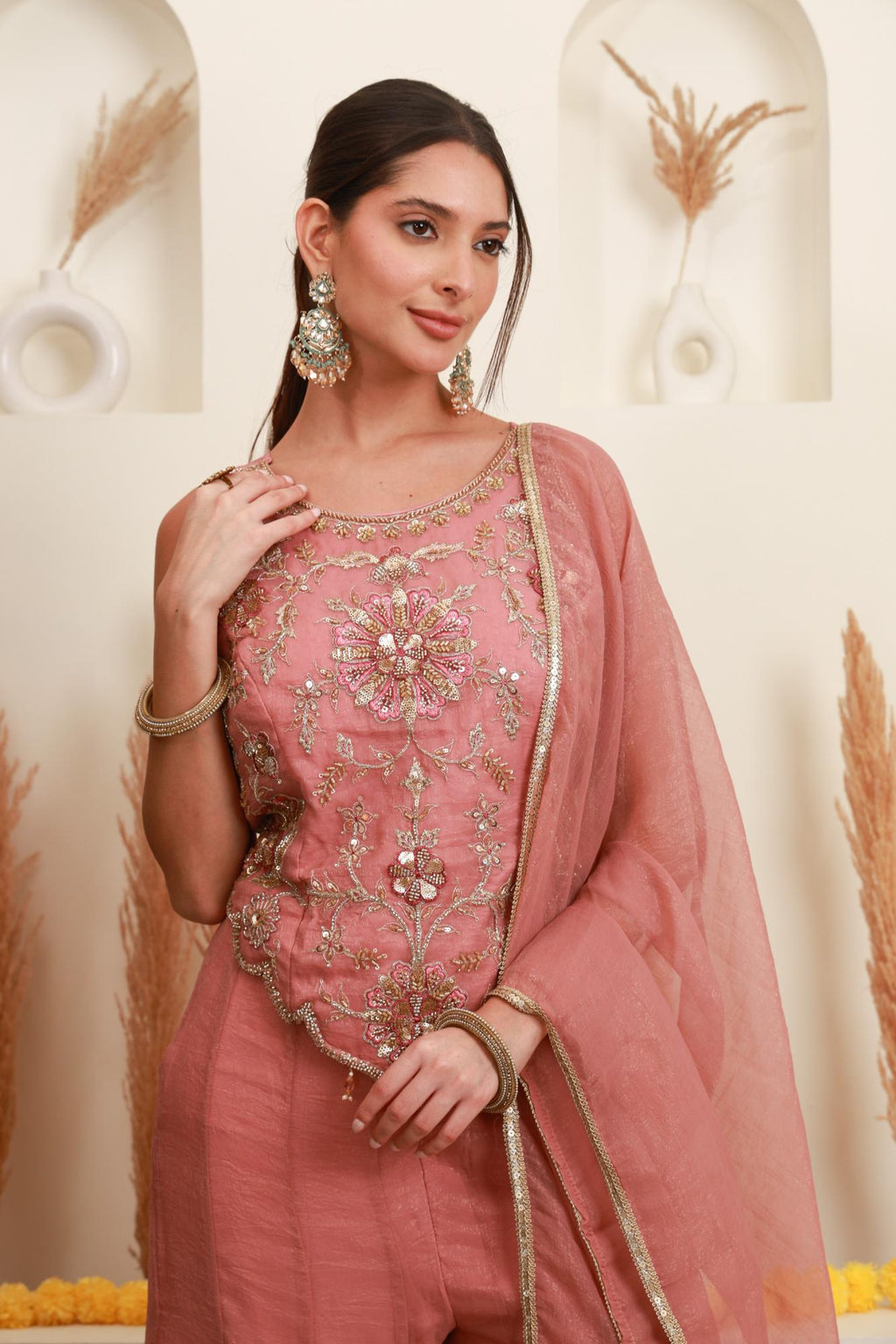 Dusty Pink Embroidered Sharara Set with Dupatta