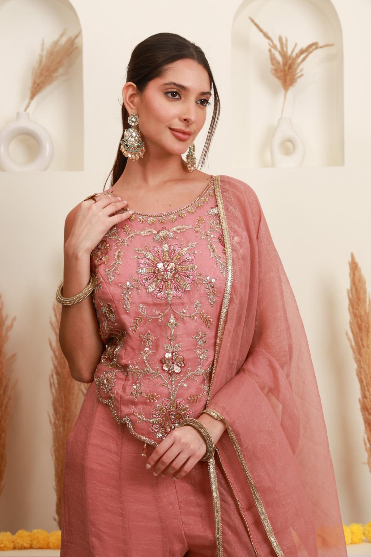Dusty Pink Embroidered Sharara Set with Dupatta