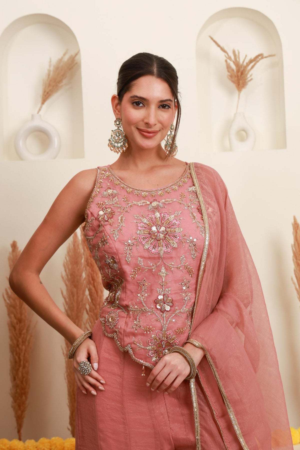Dusty Pink Embroidered Sharara Set with Dupatta