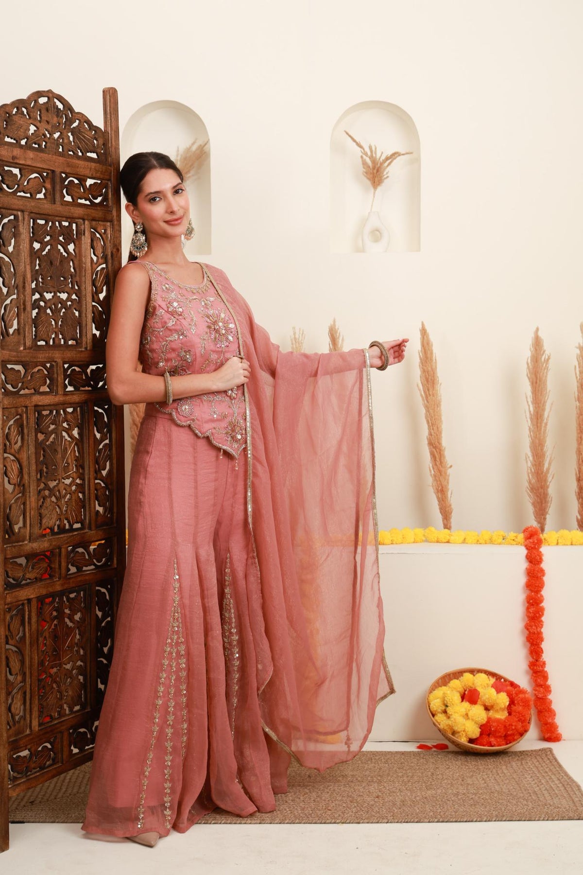 Dusty Pink Embroidered Sharara Set with Dupatta