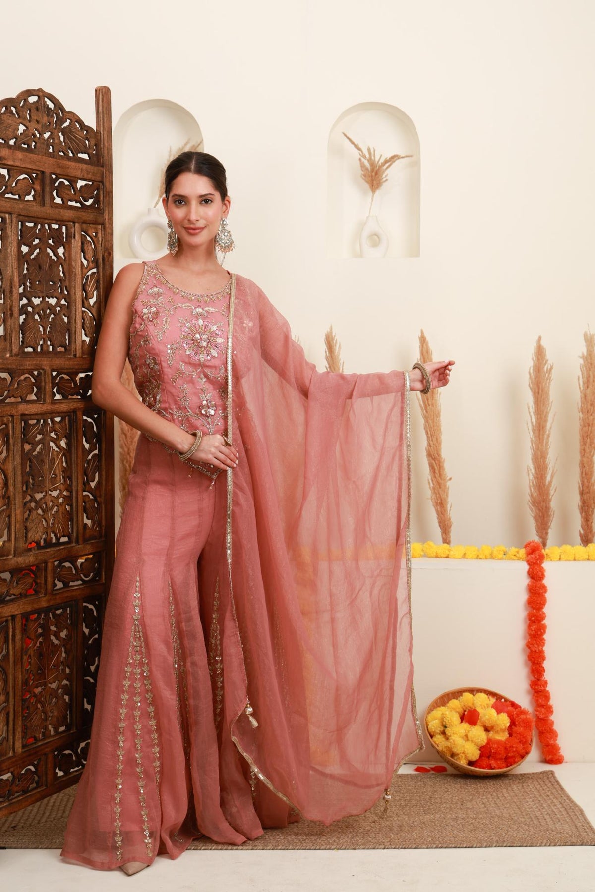 Dusty Pink Embroidered Sharara Set with Dupatta