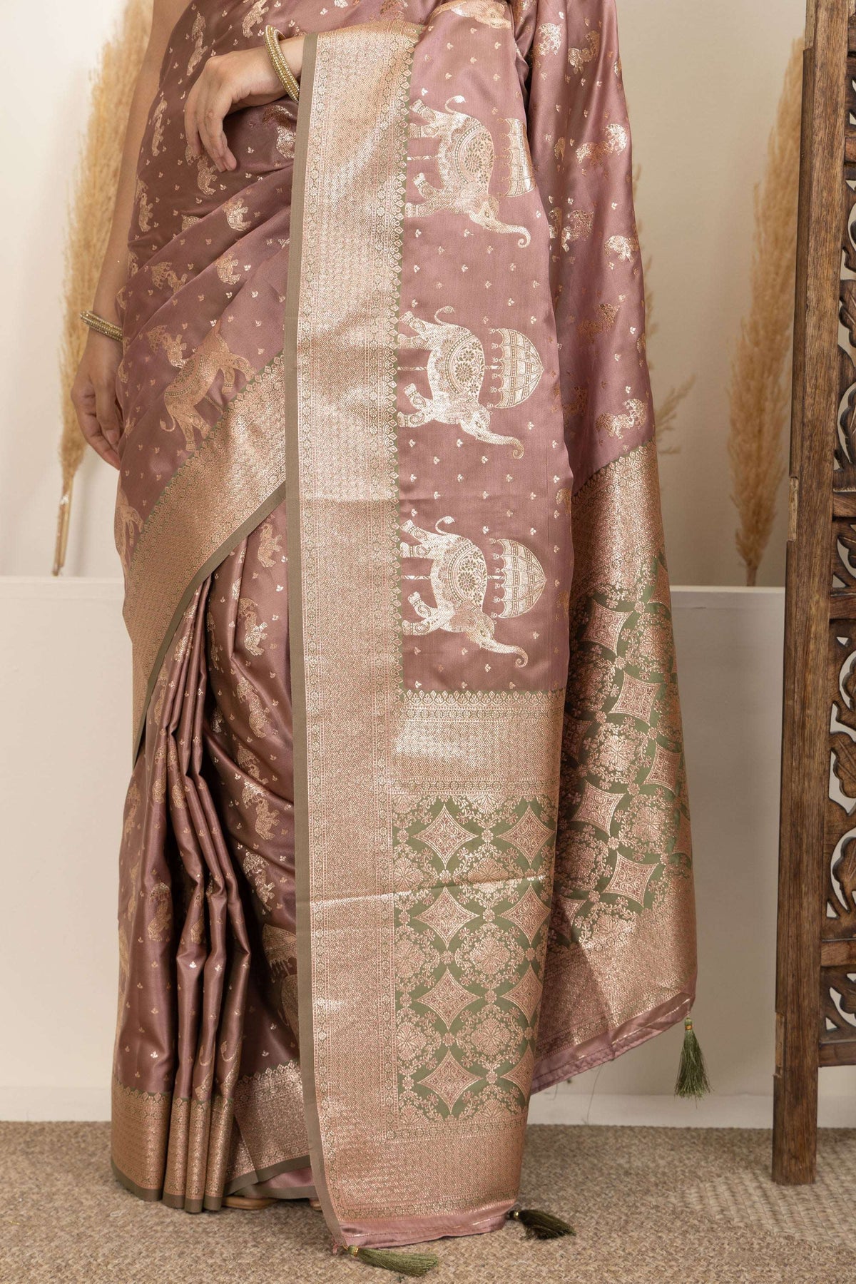 Dusty Rose Saree with Soft Gold Zari Detailing Side Border