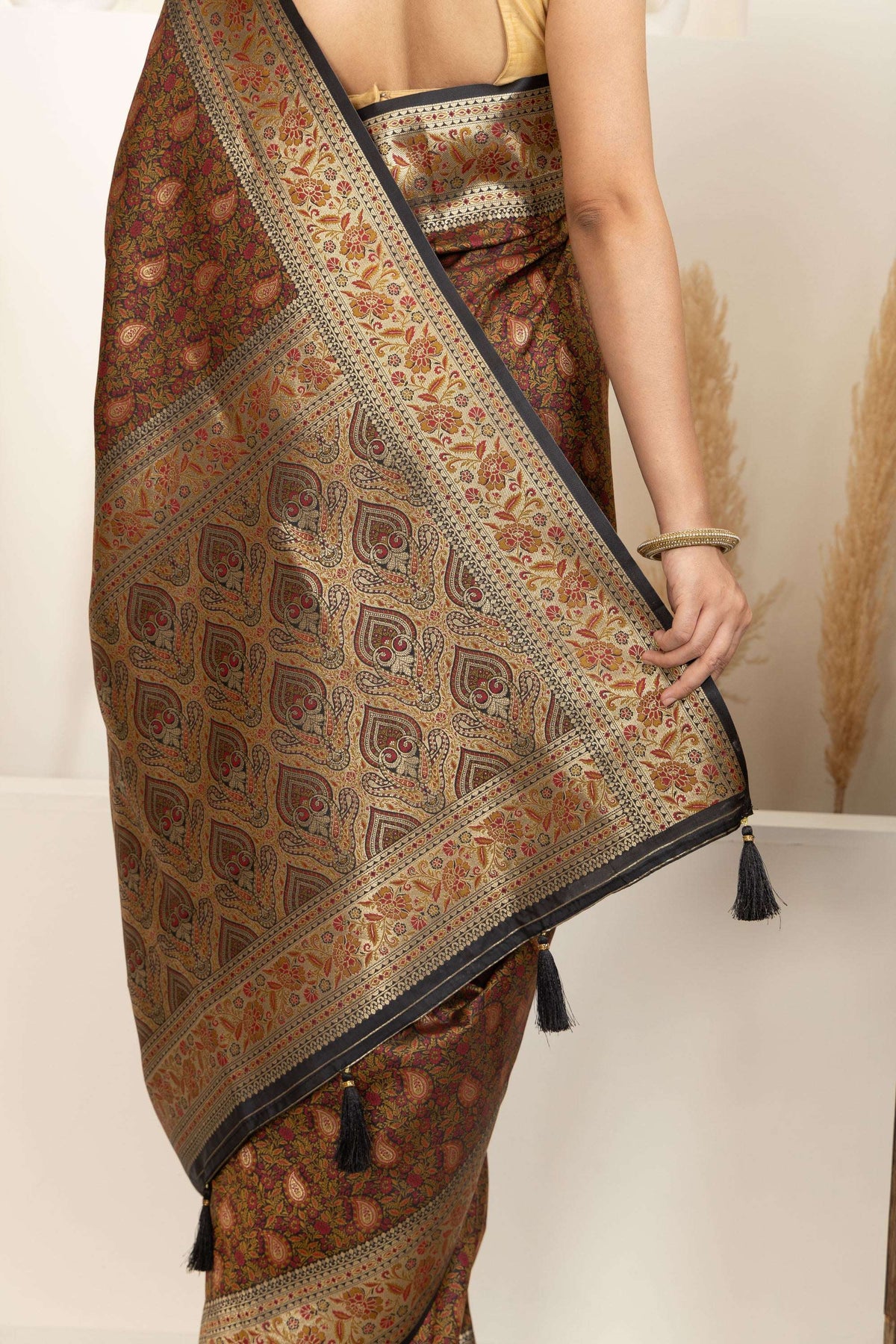 Earthy Brown Saree with Multicolour Woven Detailing Pallu design