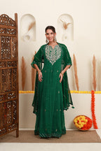 Emerald green embroidered kurta skirt set for women with striped dupatta