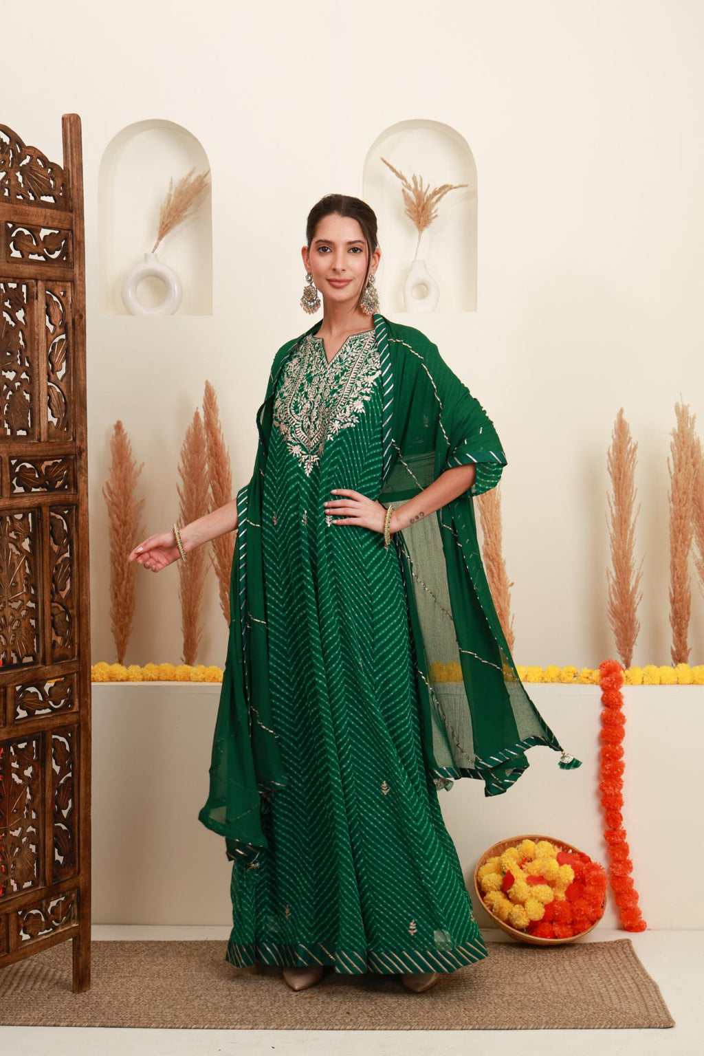 Emerald Green Embroidered Kurta Skirt Set with Dupatta