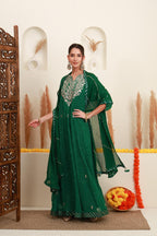 Emerald Green Embroidered Kurta Skirt Set with Dupatta