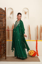 Emerald Green Embroidered Kurta Skirt Set with Dupatta