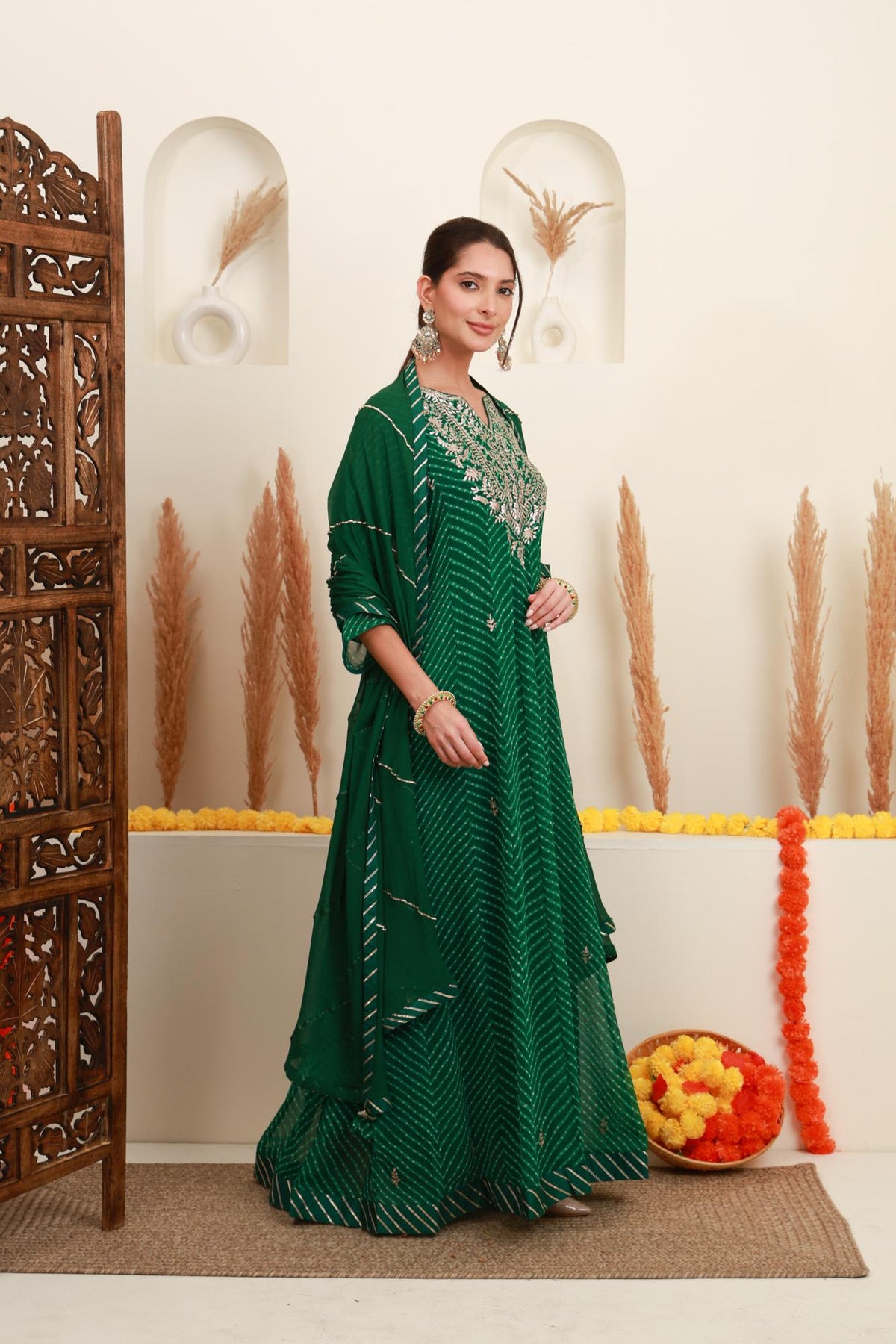 Emerald Green Embroidered Kurta Skirt Set with Dupatta