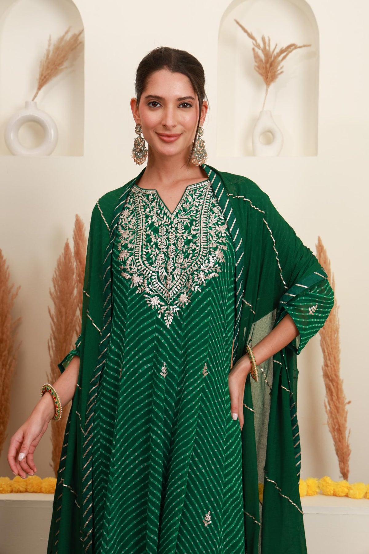 Emerald Green Embroidered Kurta Skirt Set with Dupatta