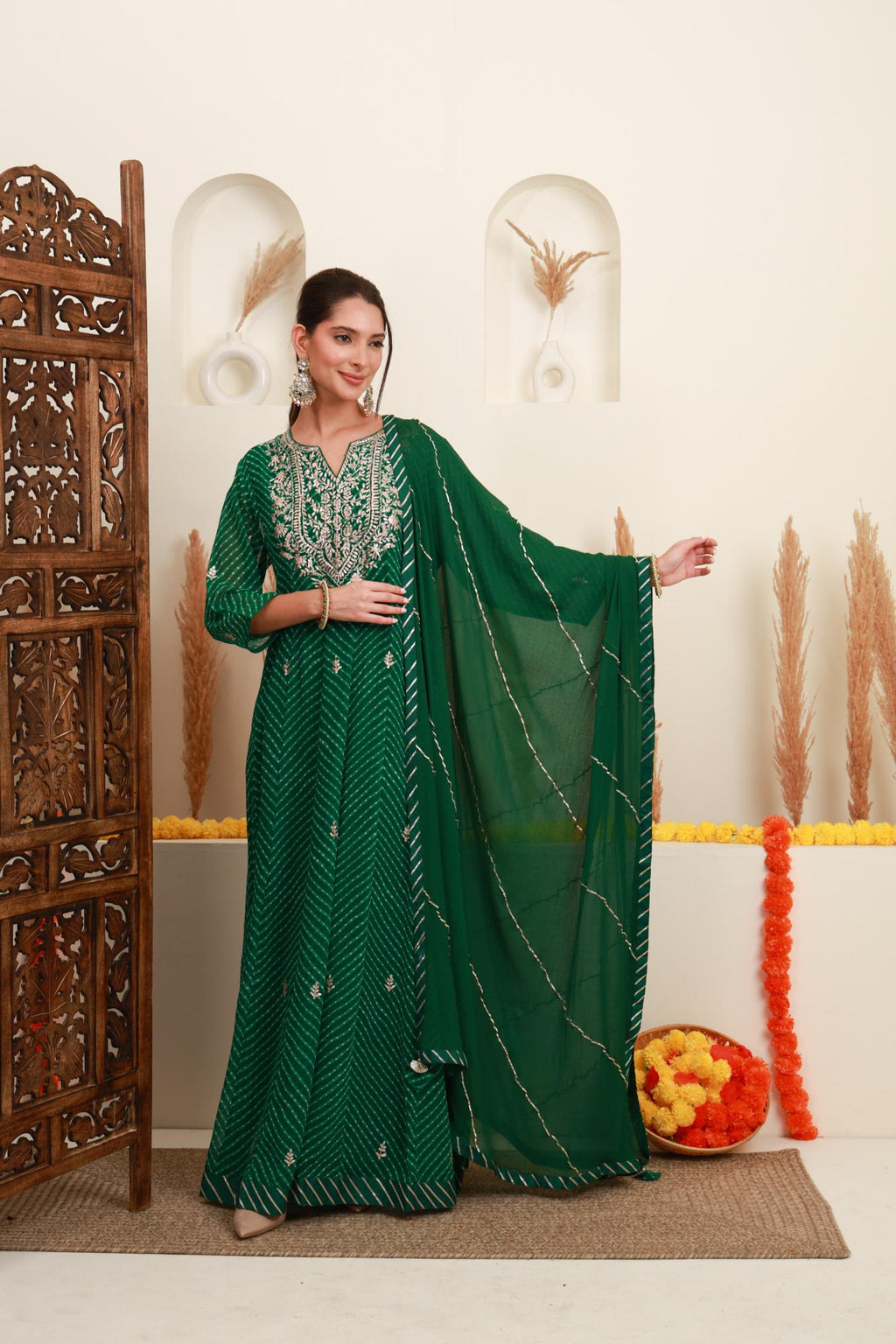 Emerald Green Embroidered Kurta Skirt Set with Dupatta