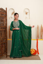 Emerald Green Embroidered Kurta Skirt Set with Dupatta