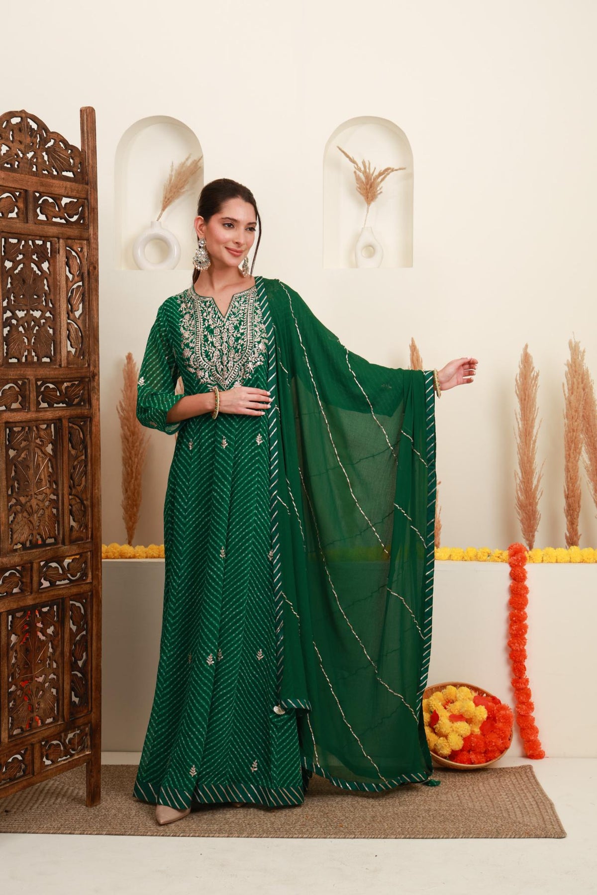 Emerald Green Embroidered Kurta Skirt Set with Dupatta