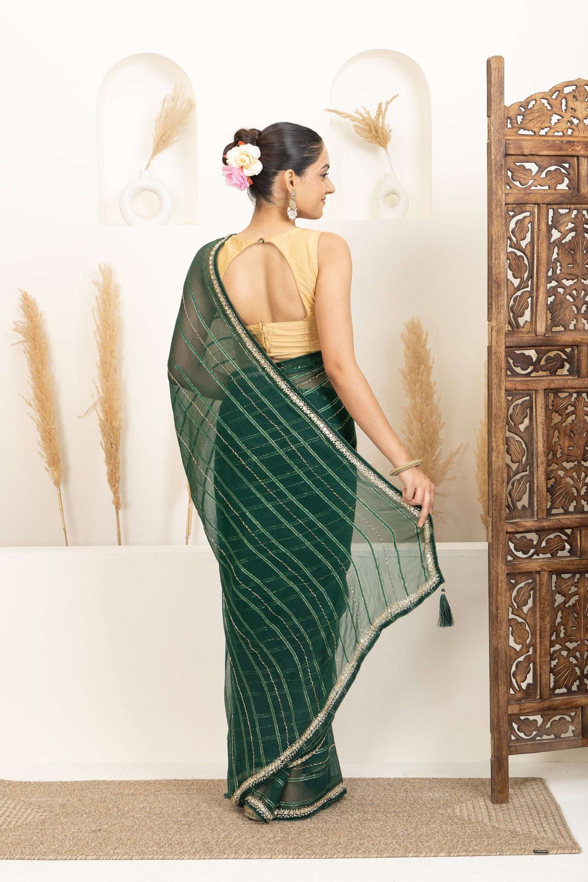 Emerald Green Saree with Subtle Gold Stripes Back Look