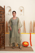 Grey embroidered kaftan set for women with statement front embroidery