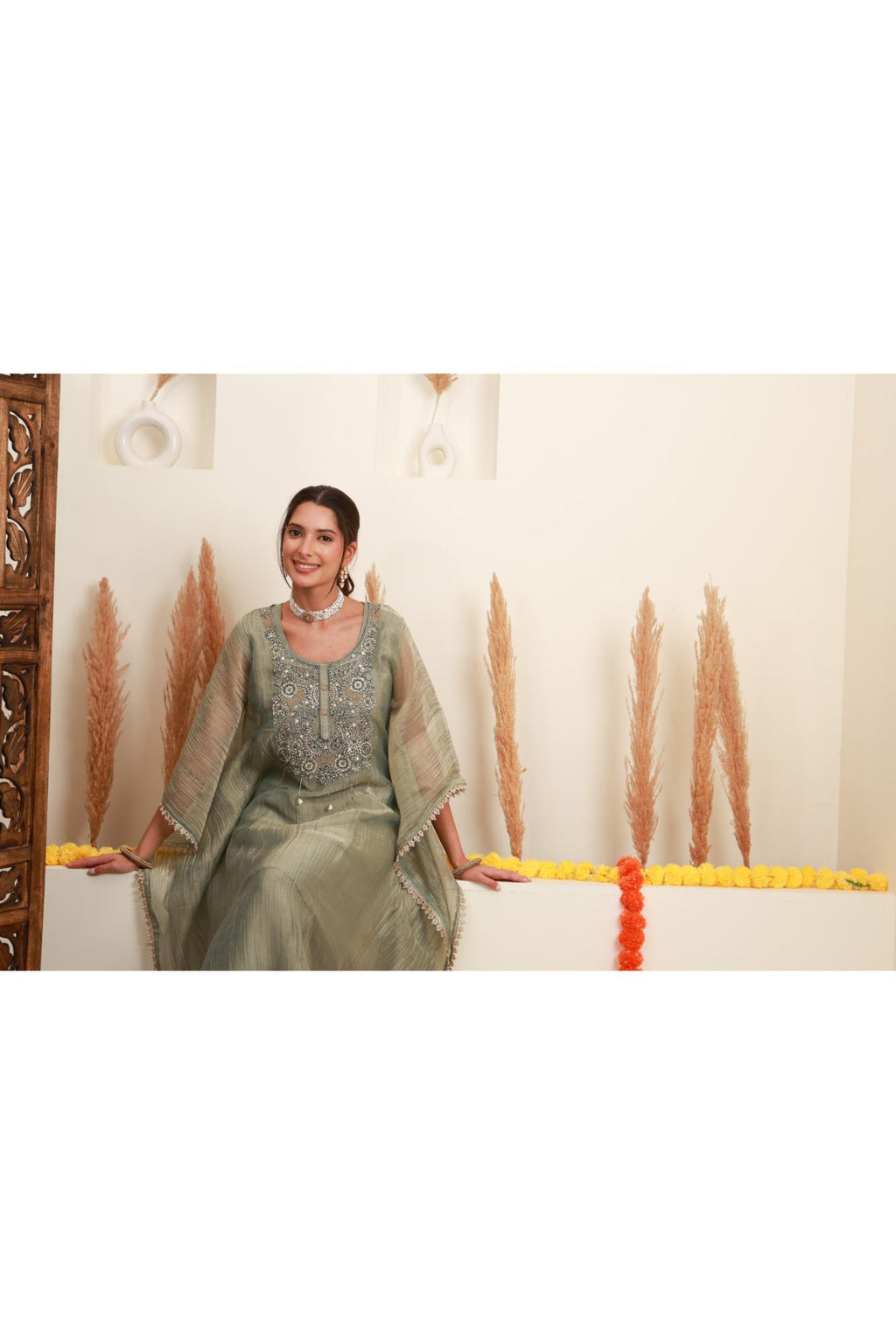 Grey Embroidered Kaftan-Style Ensemble