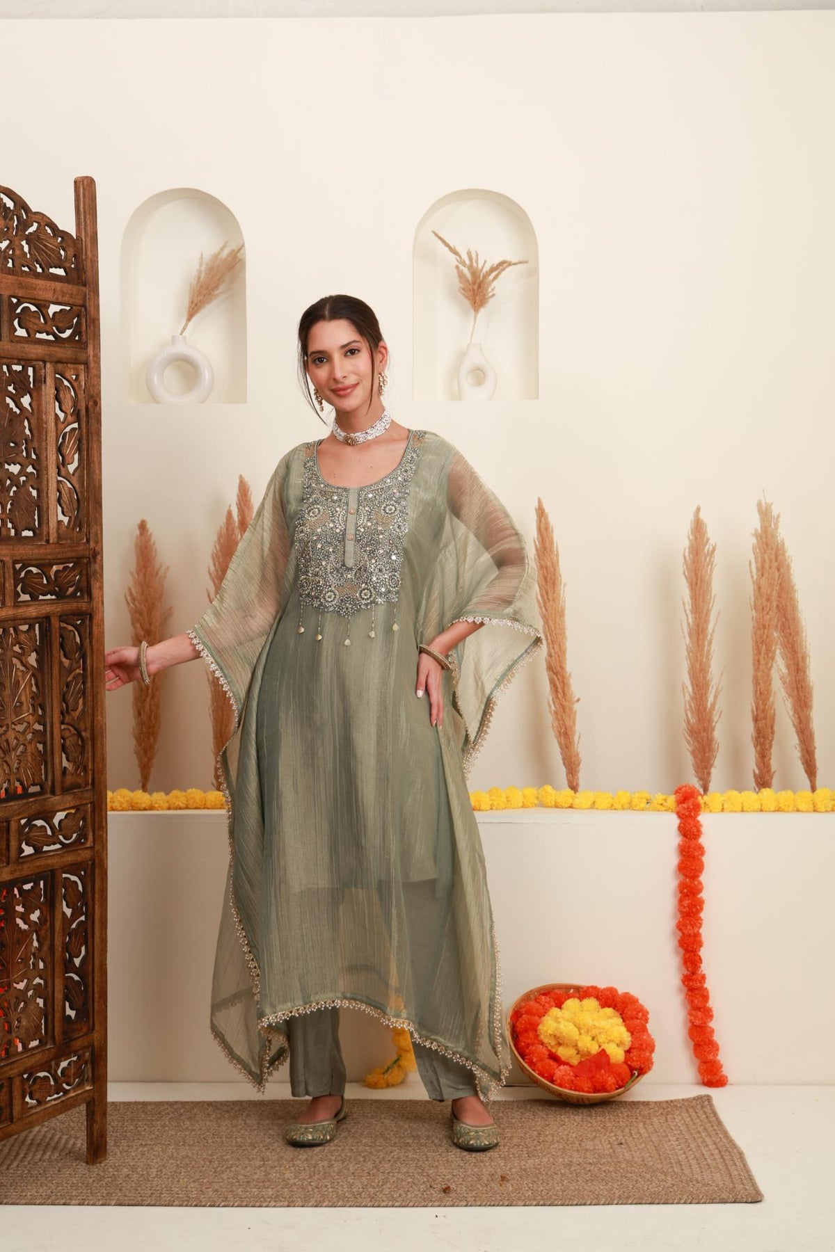 Grey Embroidered Kaftan-Style Ensemble