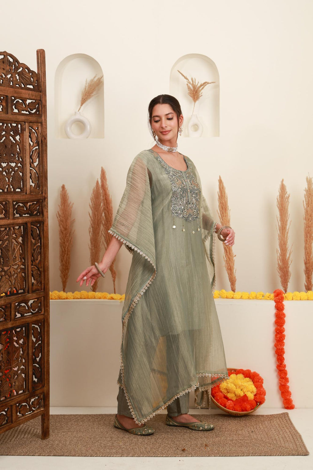 Grey Embroidered Kaftan-Style Ensemble