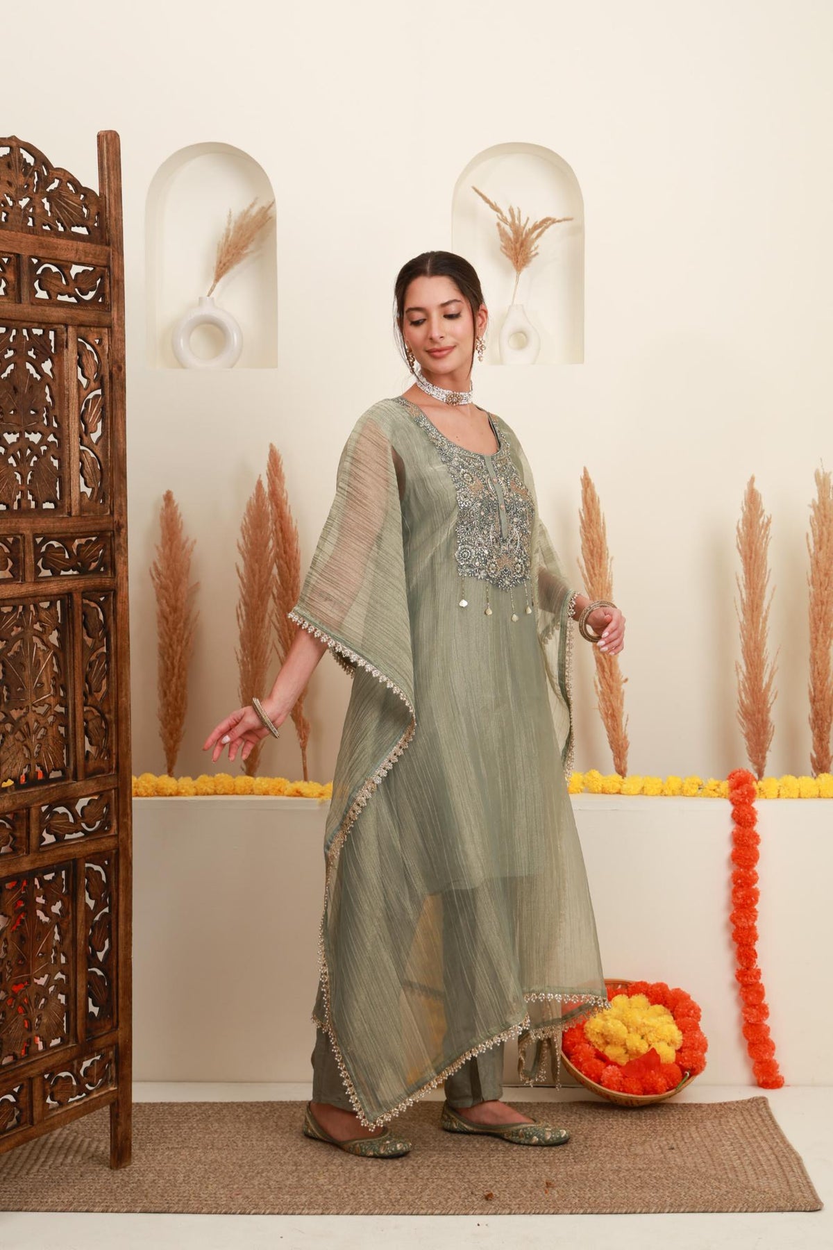 Grey Embroidered Kaftan-Style Ensemble