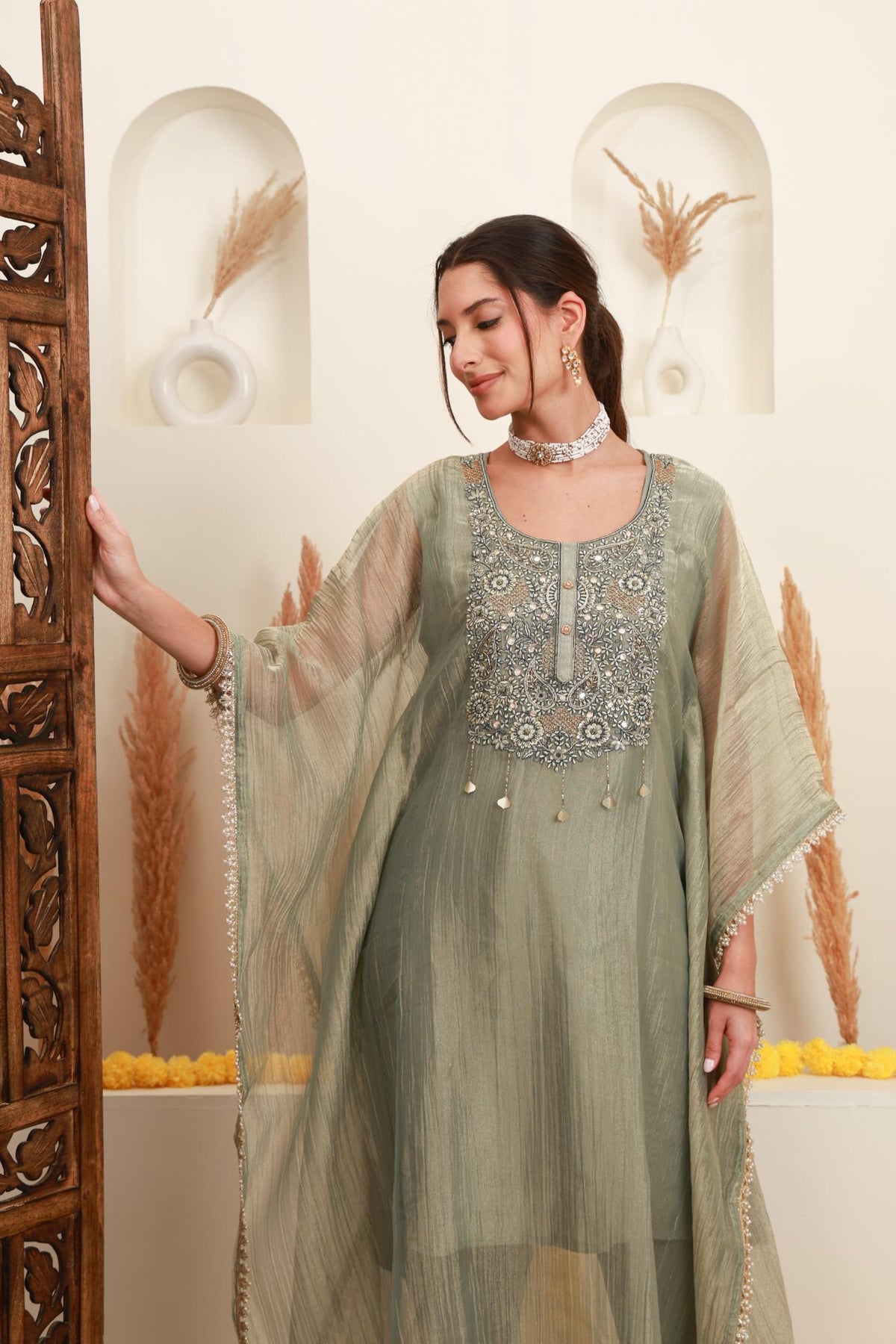 Grey Embroidered Kaftan-Style Ensemble