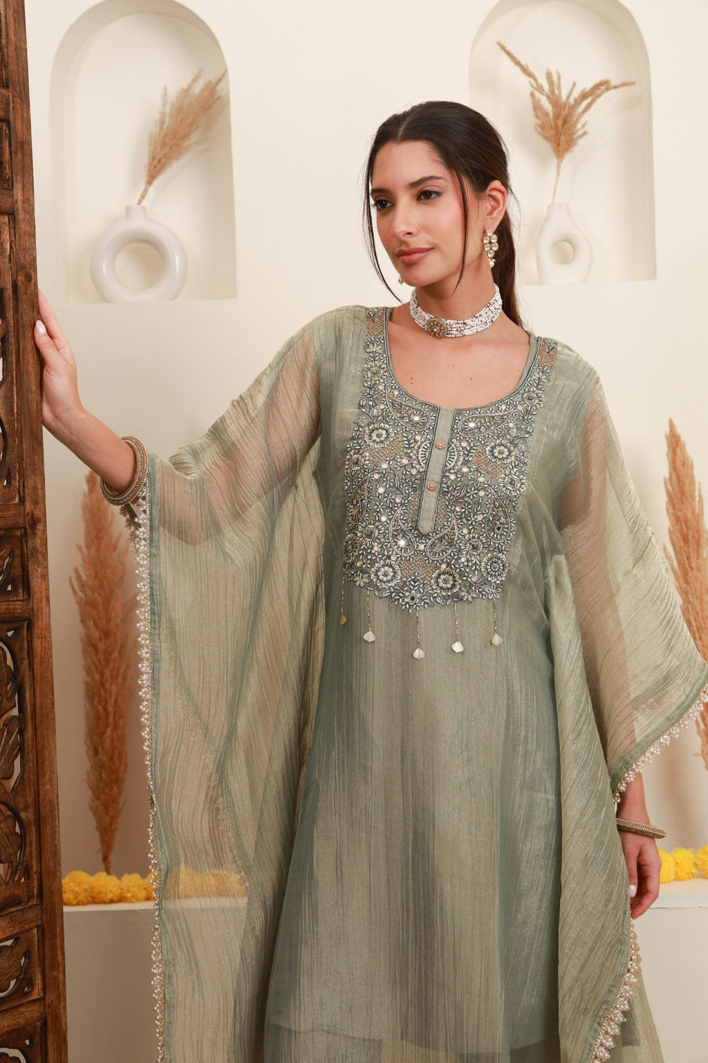 Grey Embroidered Kaftan-Style Ensemble