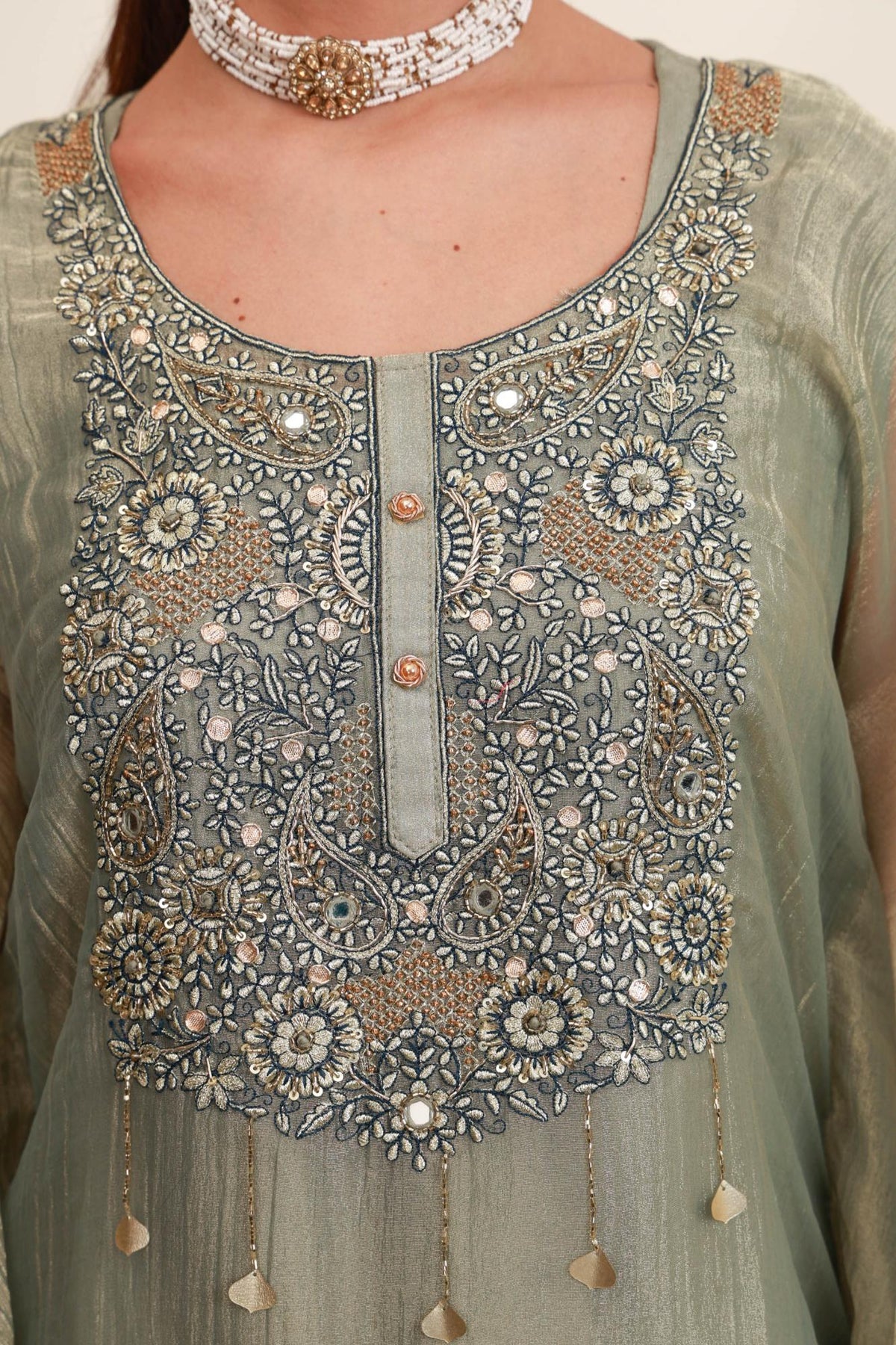 Grey Embroidered Kaftan-Style Ensemble