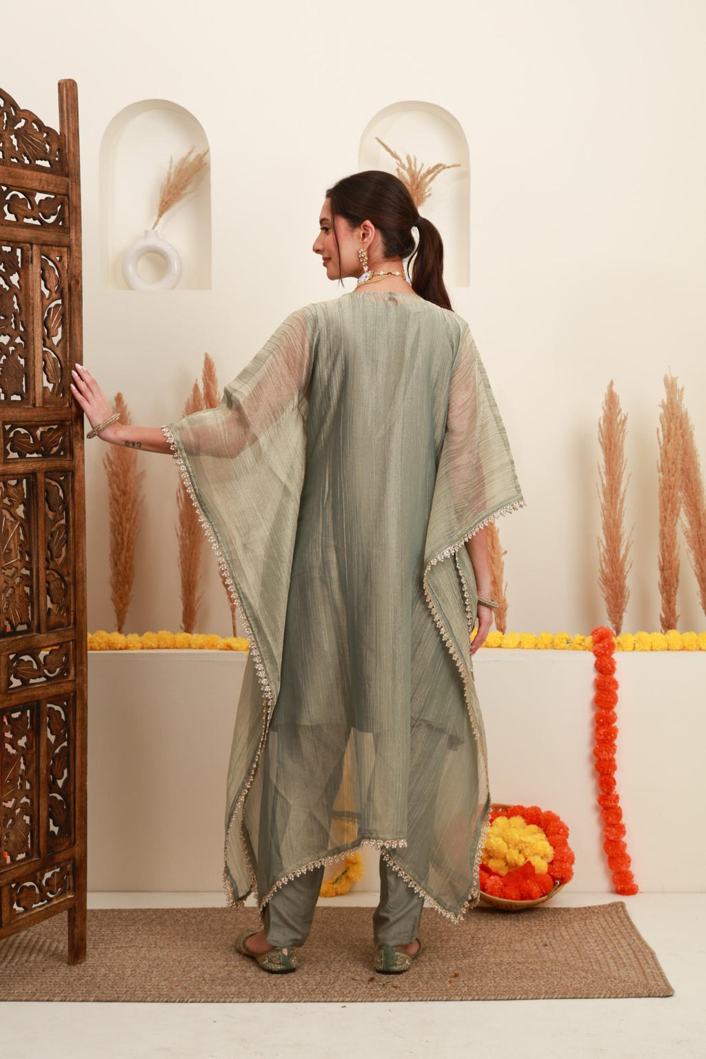 Grey Embroidered Kaftan-Style Ensemble