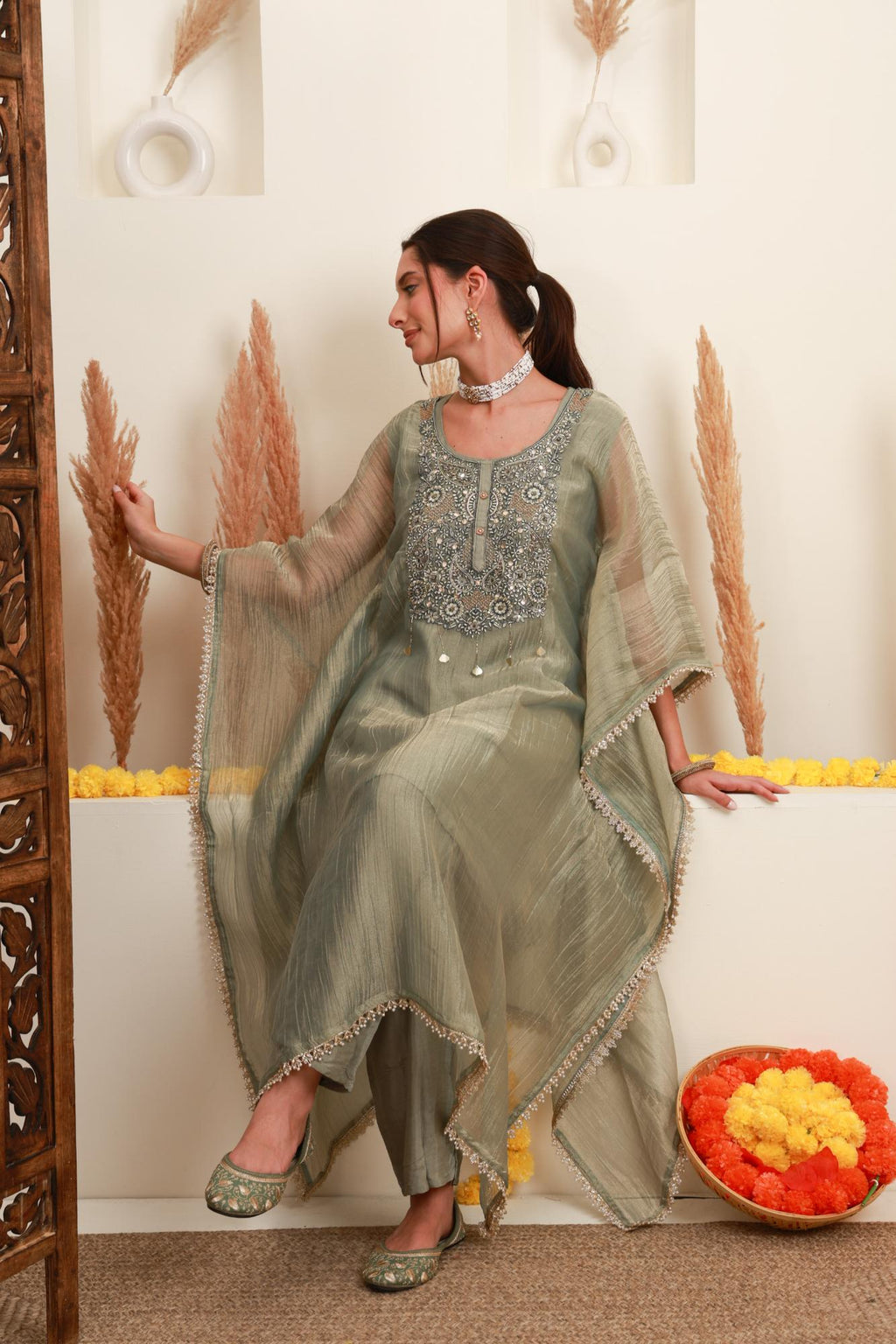 Grey Embroidered Kaftan-Style Ensemble