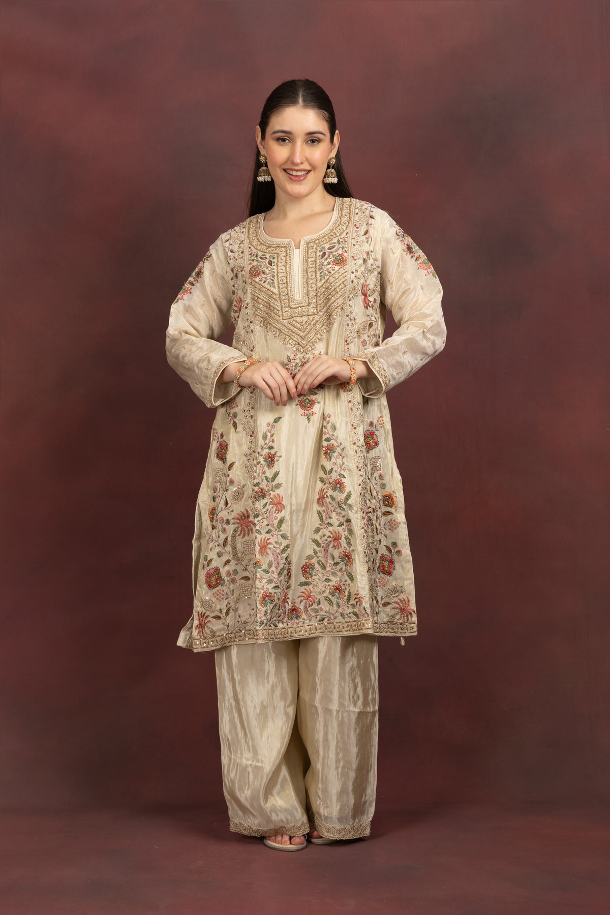Ivory Floral Embroidered Kurta Palazzo Set with Organza Dupatta Zoom 
