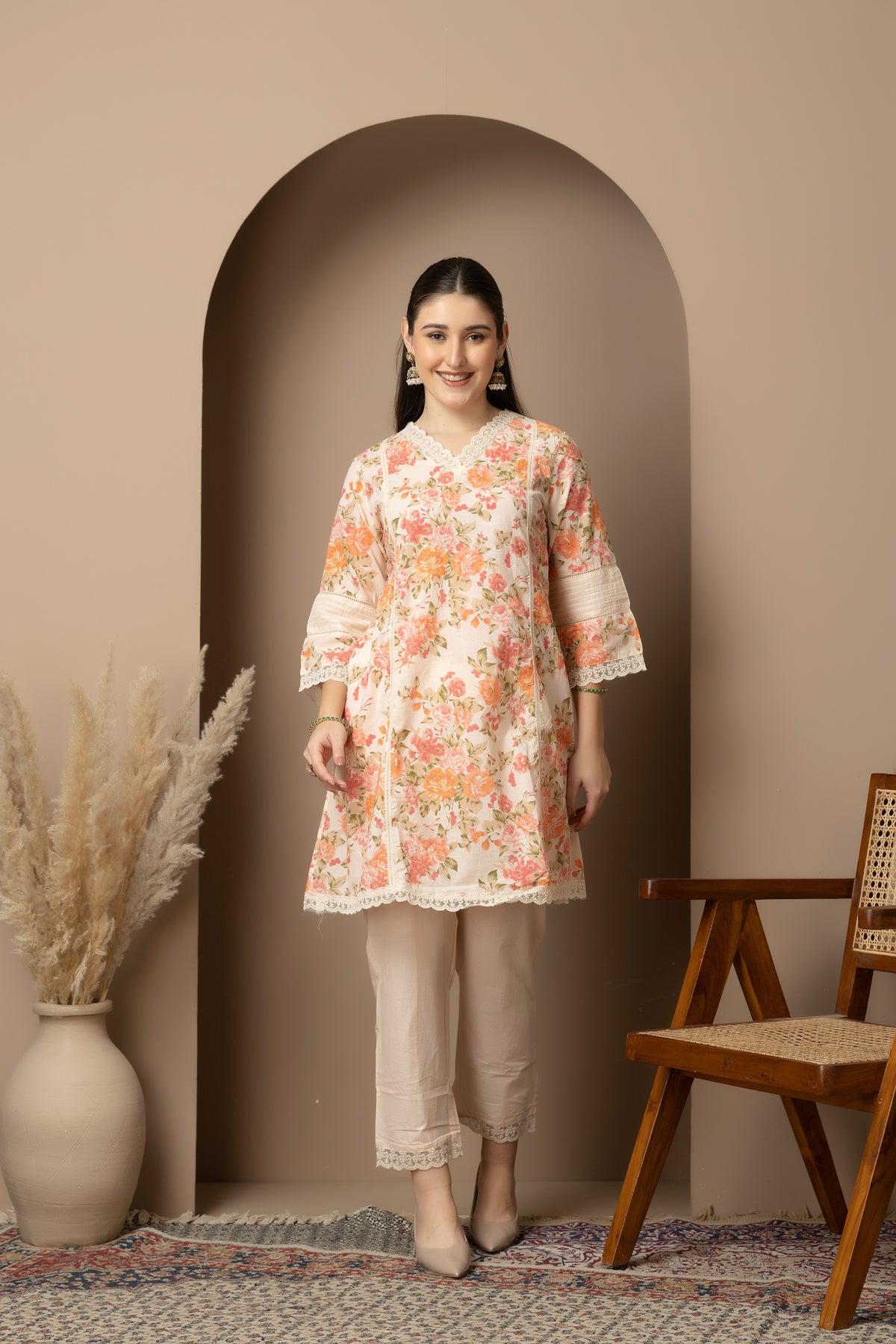 Ivory Floral Printed 2-Piece Kurta Set with Lace Detailing  Full