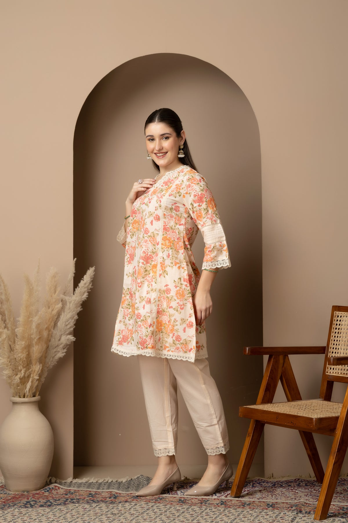 Ivory Floral Printed 2-Piece Kurta Set with Lace Detailing  Right