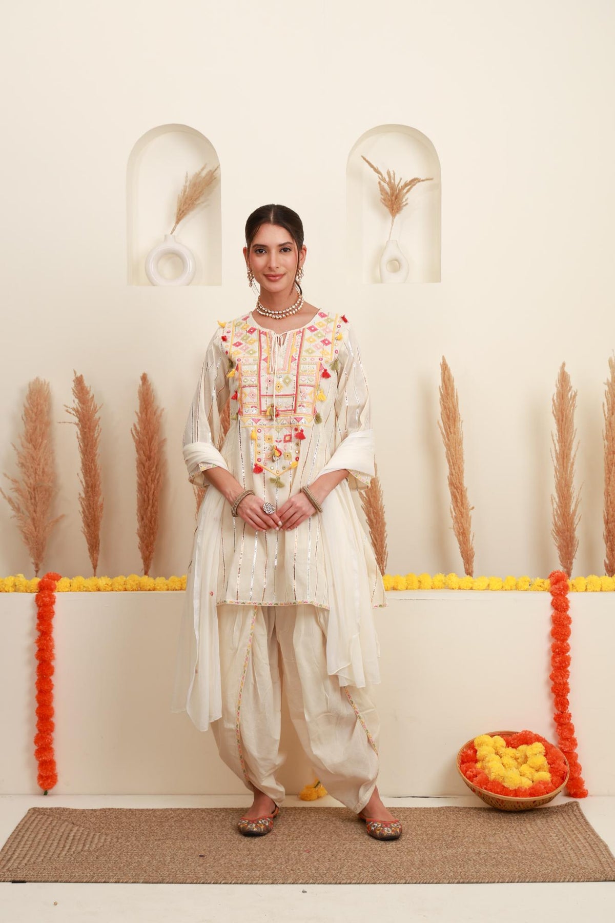 ivory embroidered kurta set for women with Dhoti salwar and dupatta