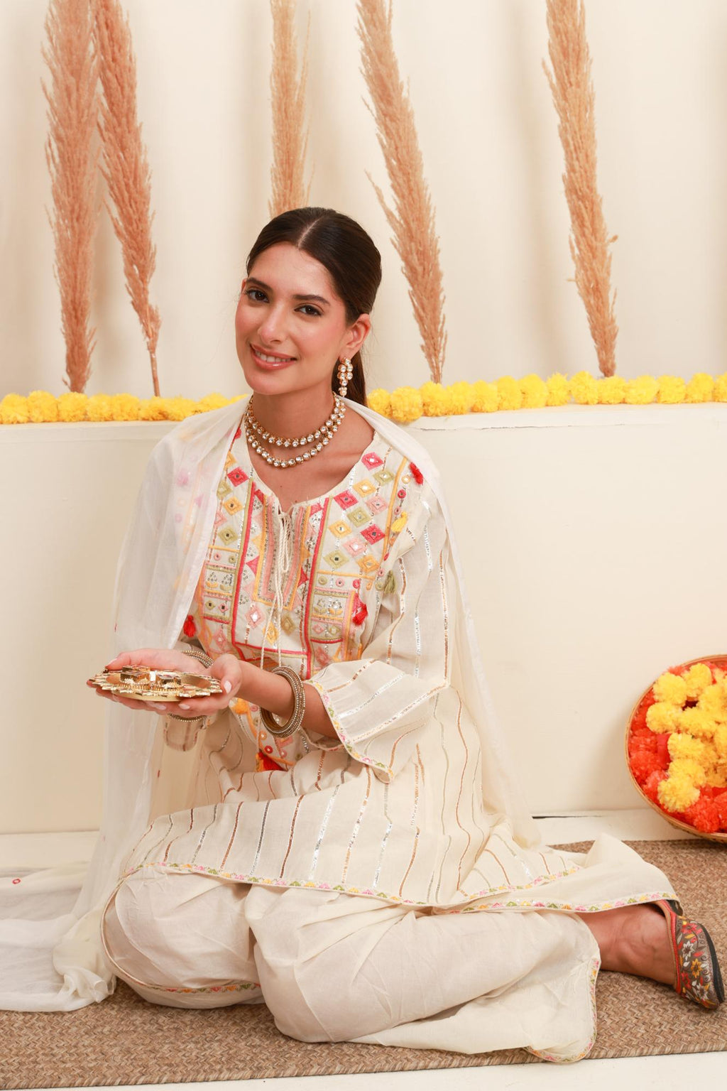 Ivory White Embroidered Kurta Set with Dupatta