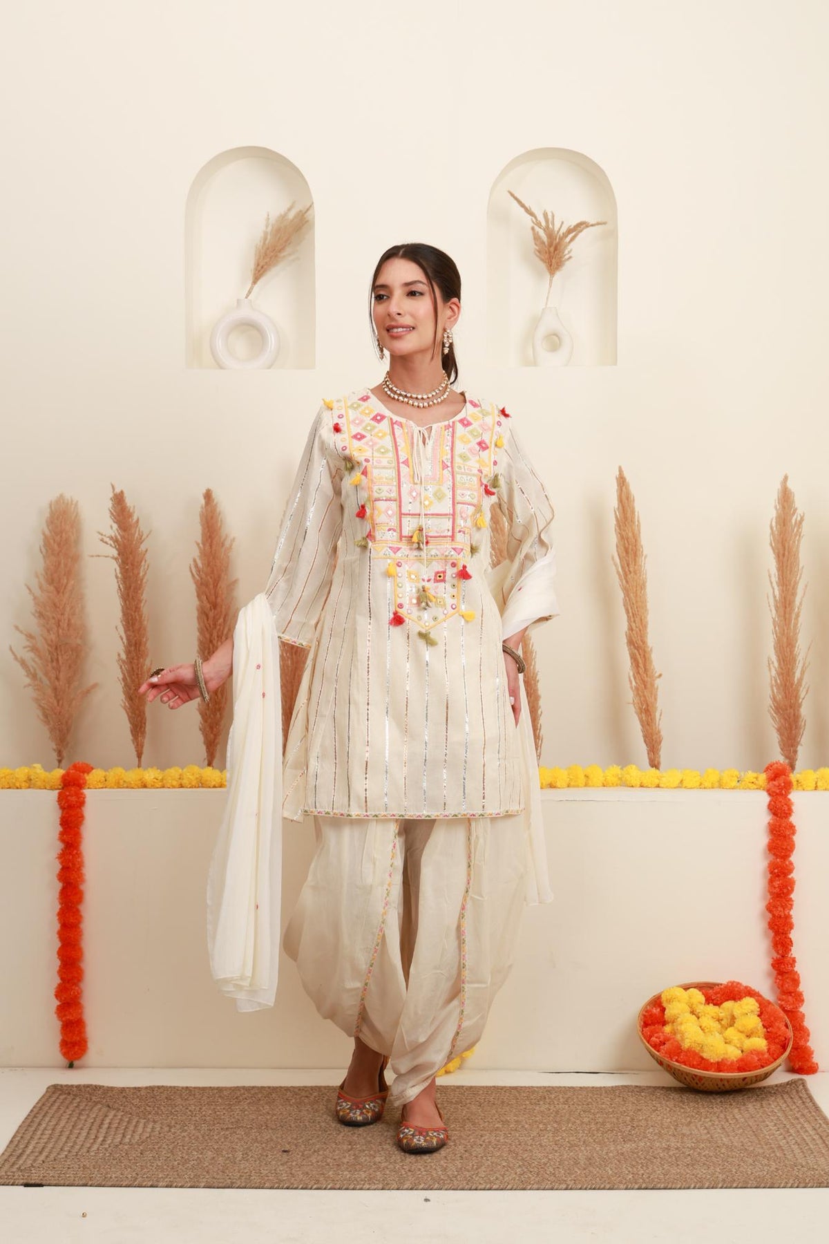 Ivory White Embroidered Kurta Set with Dupatta