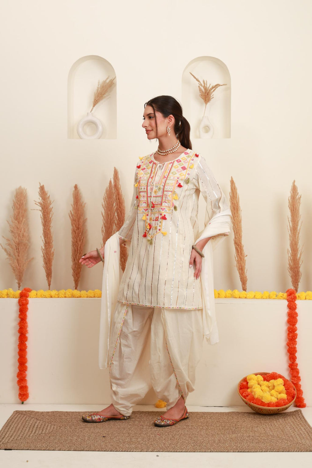 Ivory White Embroidered Kurta Set with Dupatta
