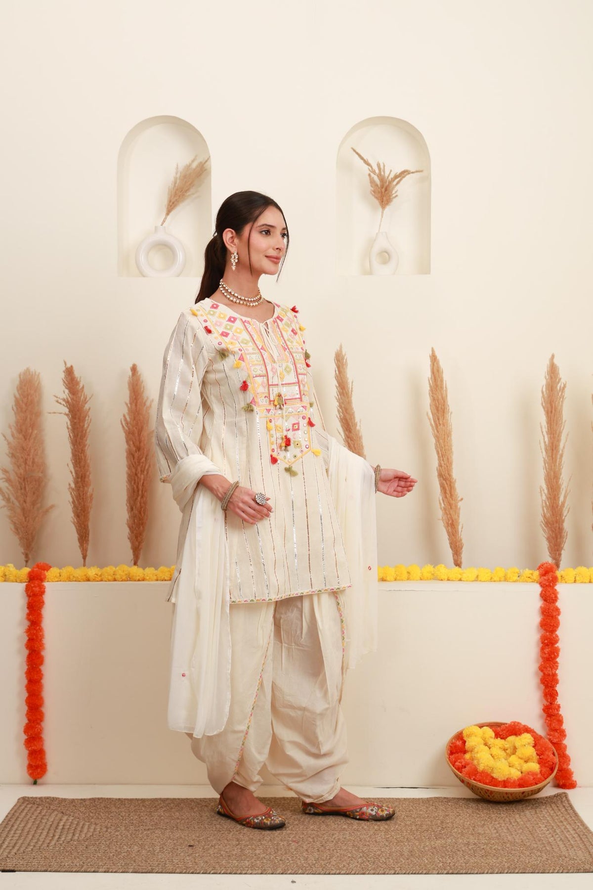 Ivory White Embroidered Kurta Set with Dupatta