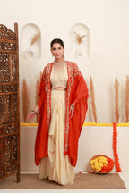 Ivory and coral orange embroidered skirt set for women with shrug