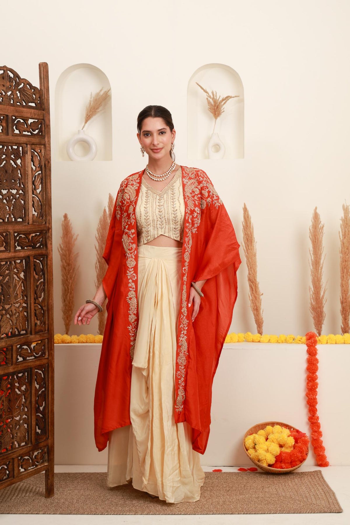 Ivory and coral orange embroidered skirt set for women with shrug