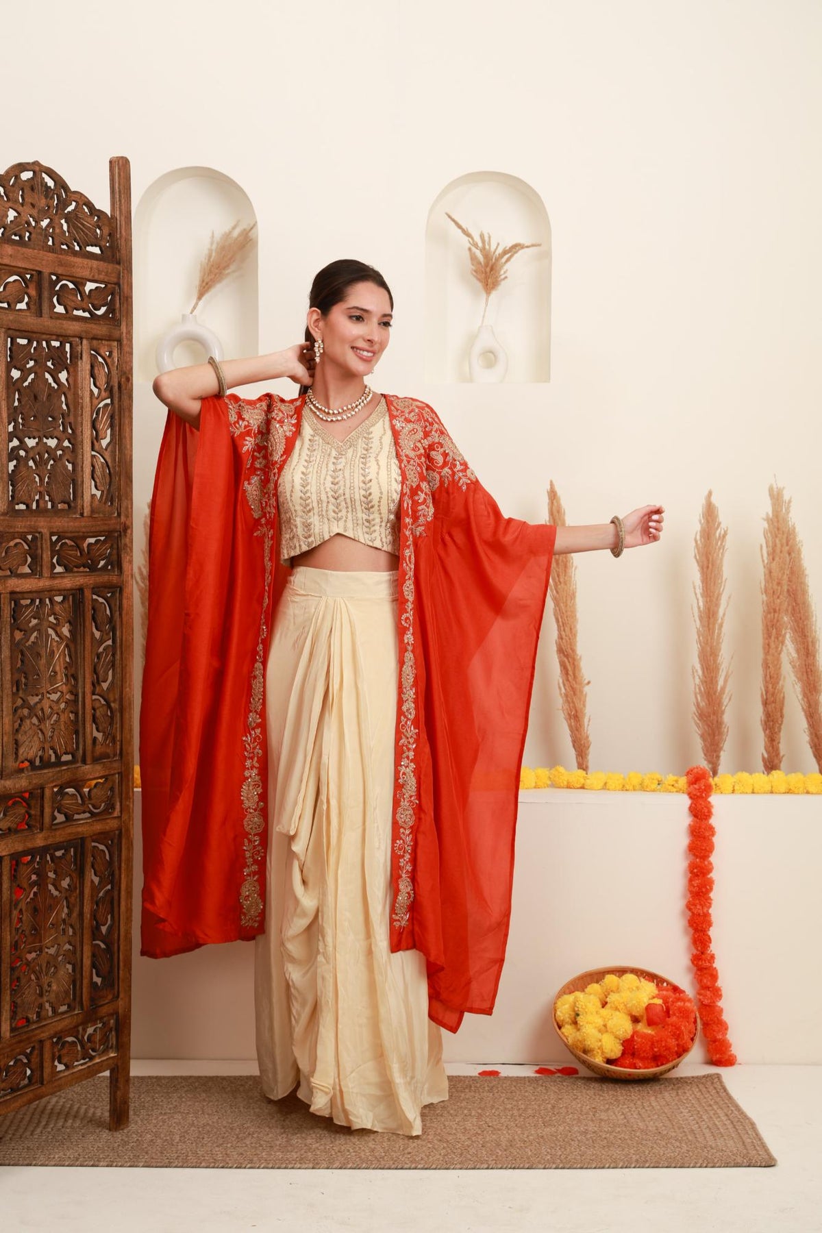 Ivory and Coral Orange Embroidered Top with Skirt and Shrug