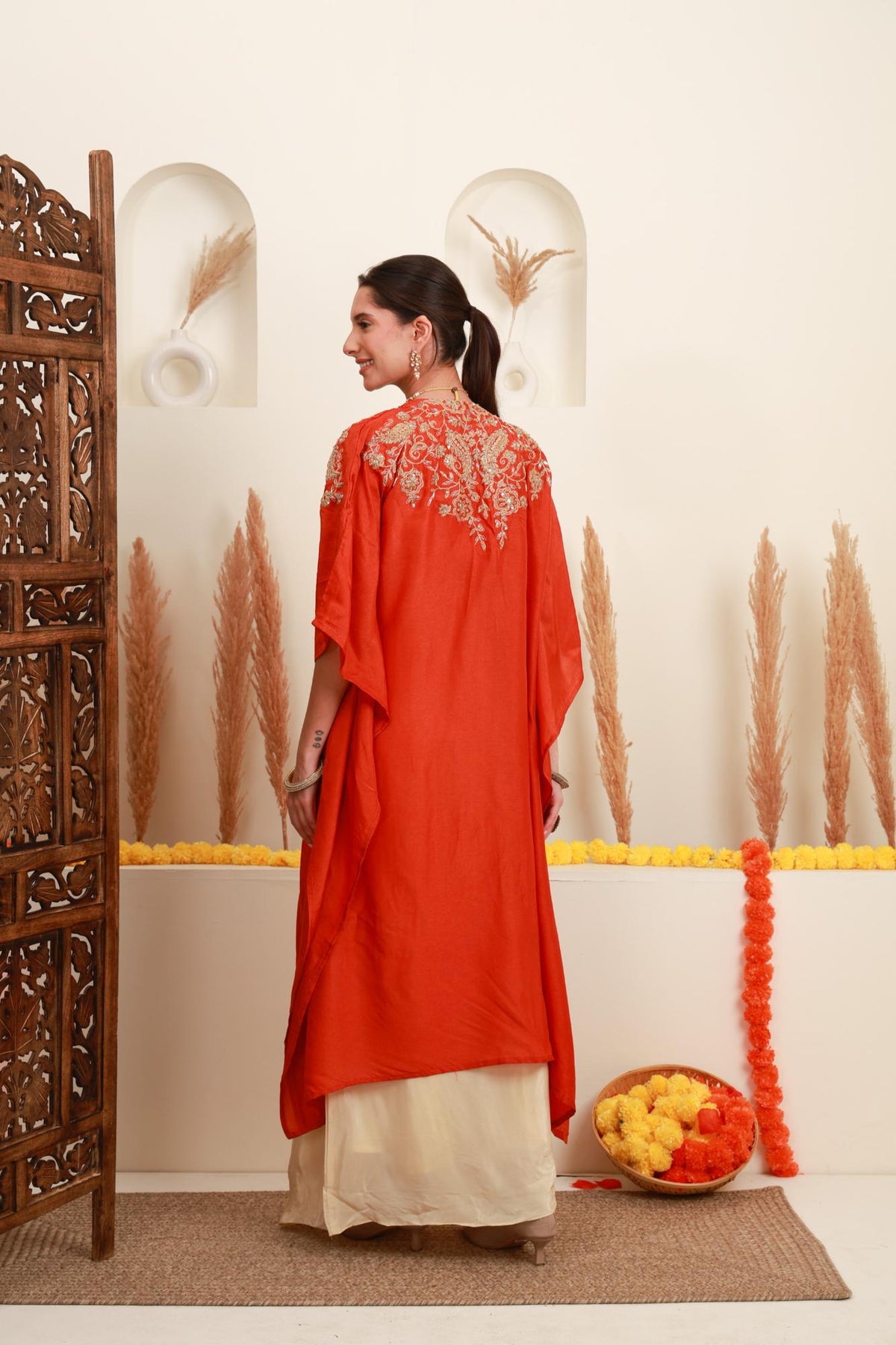 Ivory and Coral Orange Embroidered Top with Skirt and Shrug