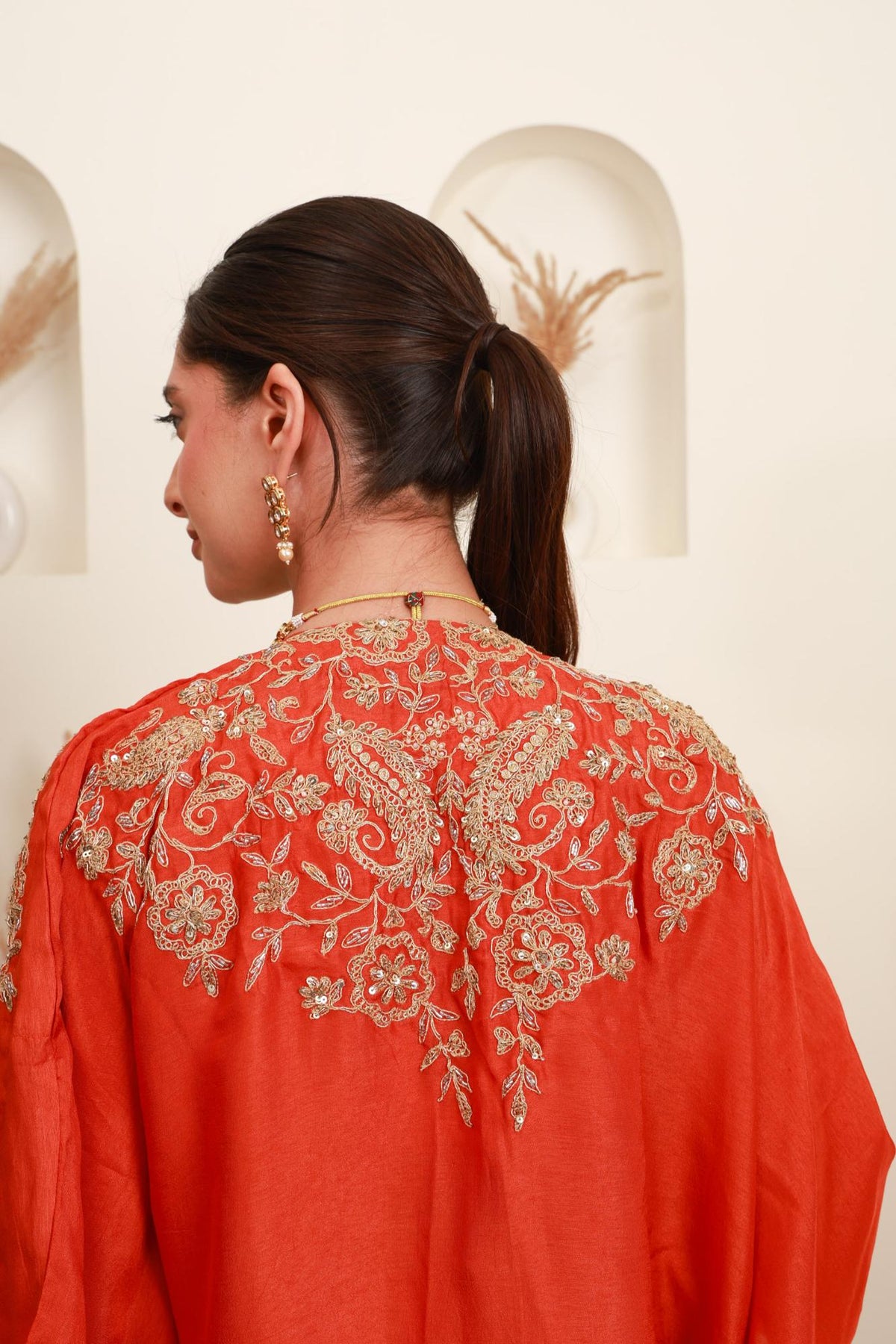 Ivory and Coral Orange Embroidered Top with Skirt and Shrug