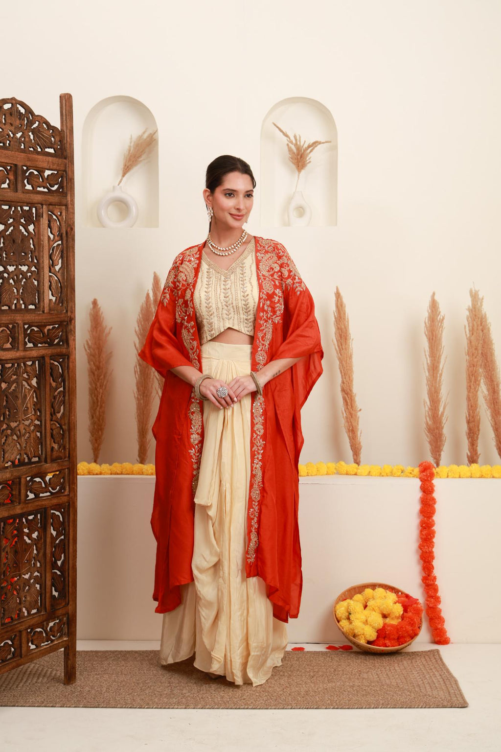 Ivory and Coral Orange Embroidered Top with Skirt and Shrug