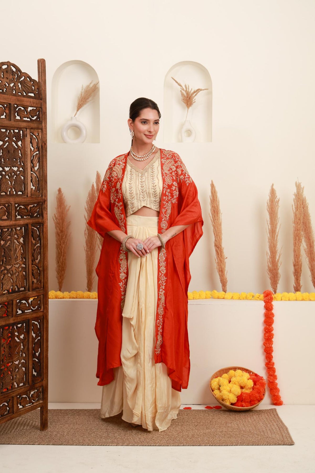 Ivory and Coral Orange Embroidered Top with Skirt and Shrug