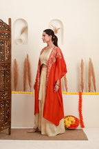 Ivory and Coral Orange Embroidered Top with Skirt and Shrug